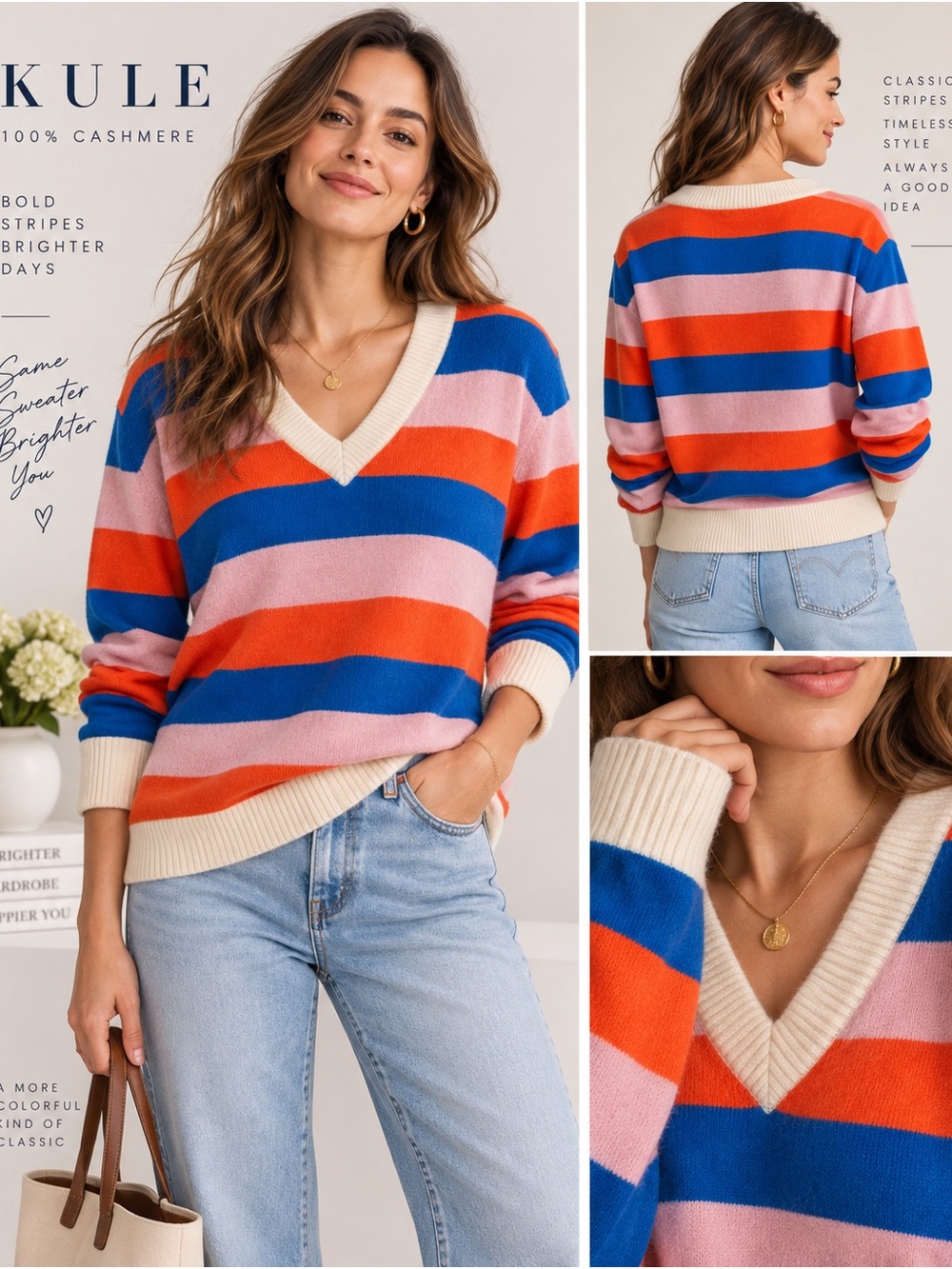 KULE cashmere Bold Striped V-Neck ribbed trim Sweater 70s 80s prep revival